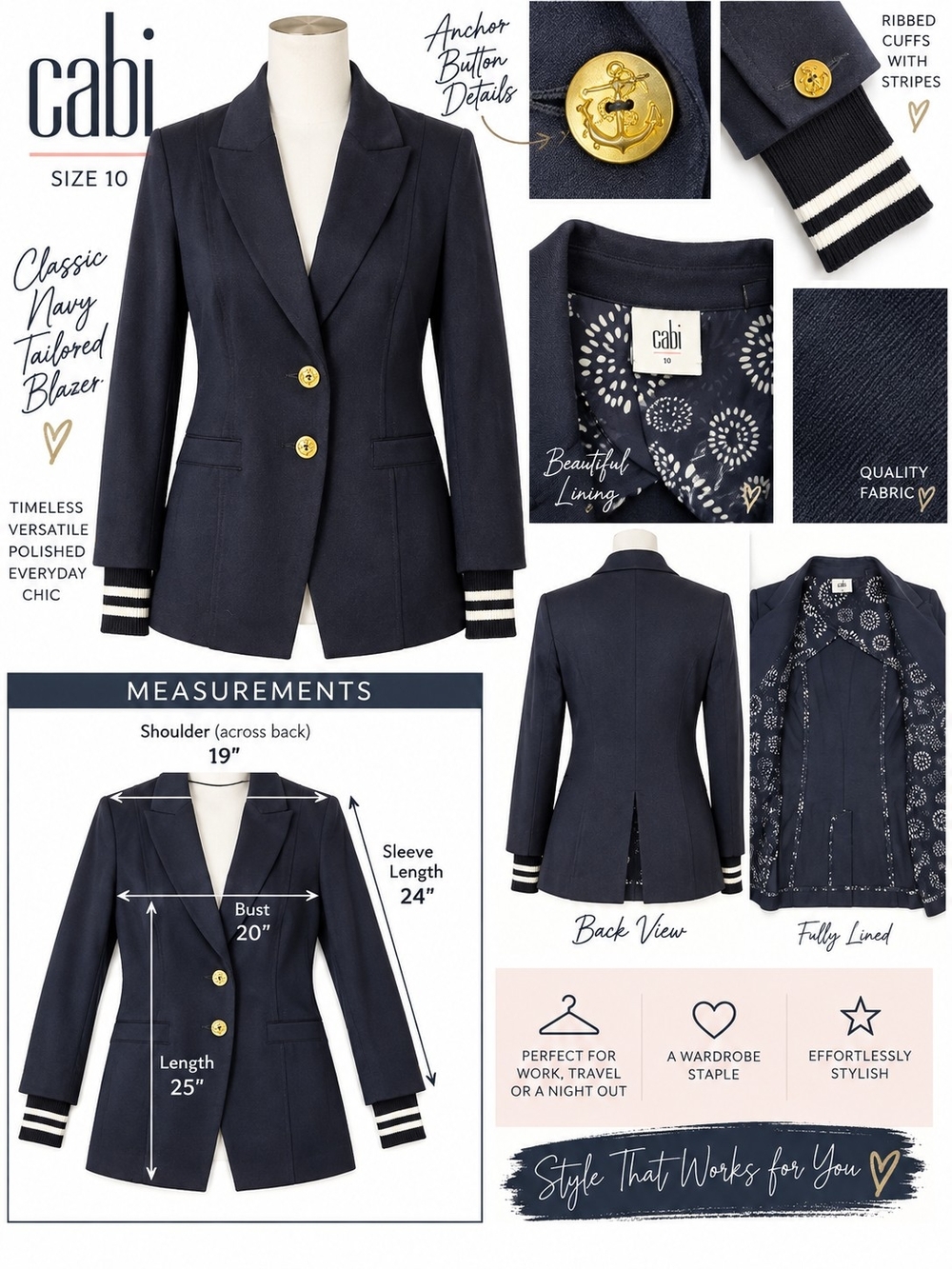 cabi Navy Tailored Blazer with Striped Ribbed Cuffs